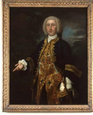 18th century portrait of gentleman in powdered wig wearing a black overcoat and brocade waistcoat