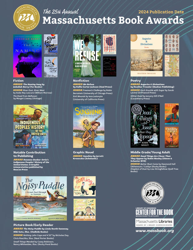 Massachusetts Book Awards poster announcing the winners and honorees for 2025