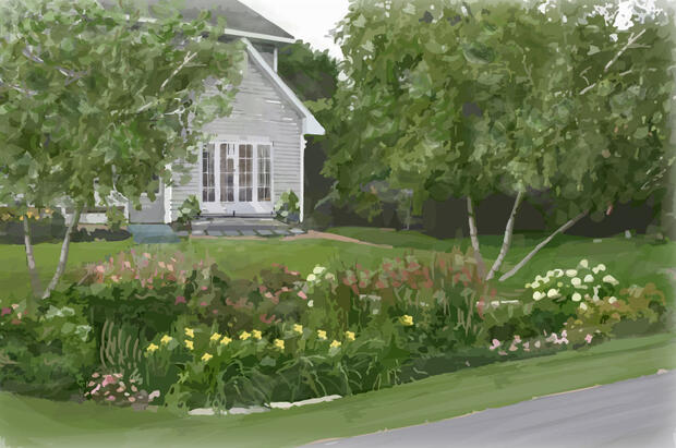 Illustration of a rain garden in a front yard, showing a mix of plants and colorful flowers and a house in the background.