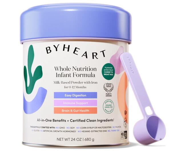 A can of ByHeart Whole Nutrition Infant Formula which is being recalled. It has a violet-colored cap and is 24 ounces in weight.