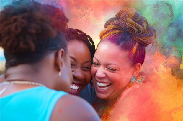 Three women smiling and hugging