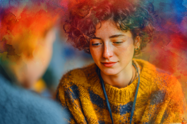 A woman in a yellow sweater talking with a friend