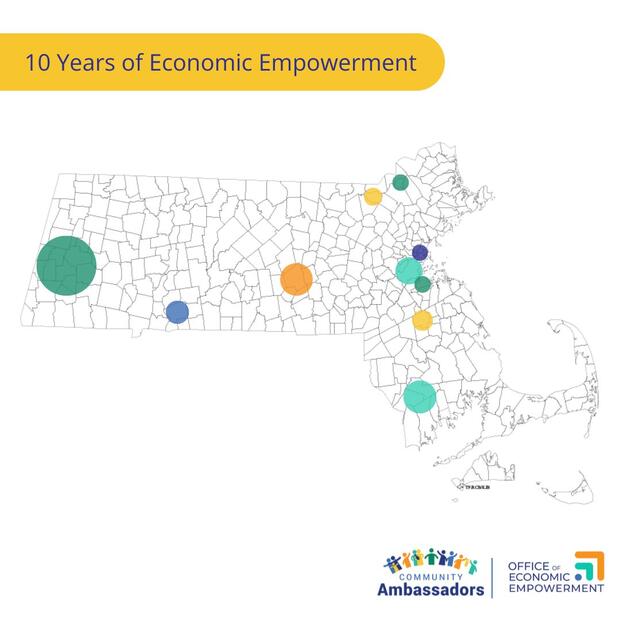 A map of Massachusetts cities and towns with colorful, semi-transparent circles covering the regions of Boston, Worcester, Springfield, the Berkshires, Lowell, Brockton, Quincy, New Bedford, Fall River, Lawrence, Revere, Everett, and Chelsea, areas where OEE Community Ambassadors have served.