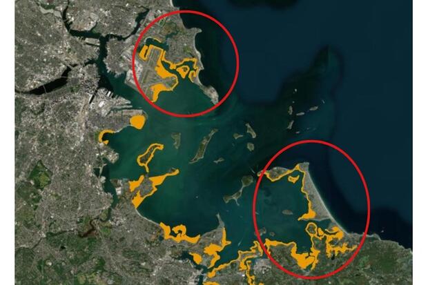 Map of Greater Boston Harbor with circles around areas that now meet water quality standards in Hull, Winthrop, and Hingham. 