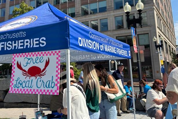 People stand at DMF tent next to sign that reads "Free local crab". 