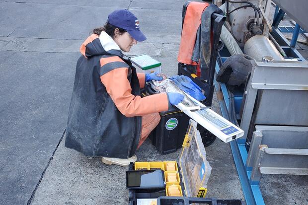 DMF scientist measures fish on electronic measuring device. 