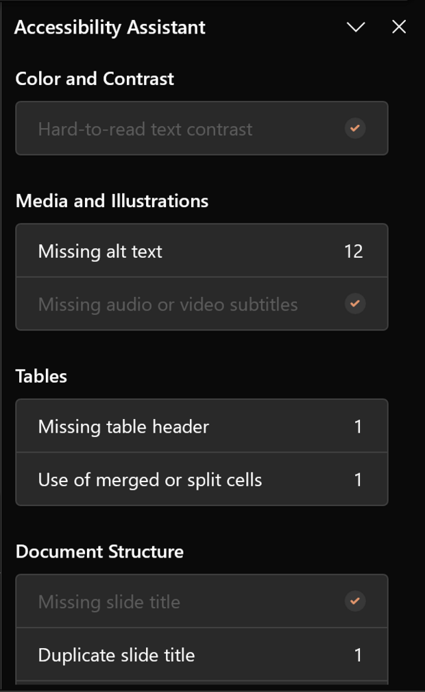 Screenshot of the Microsoft PowerPoint Accessibility Assistant