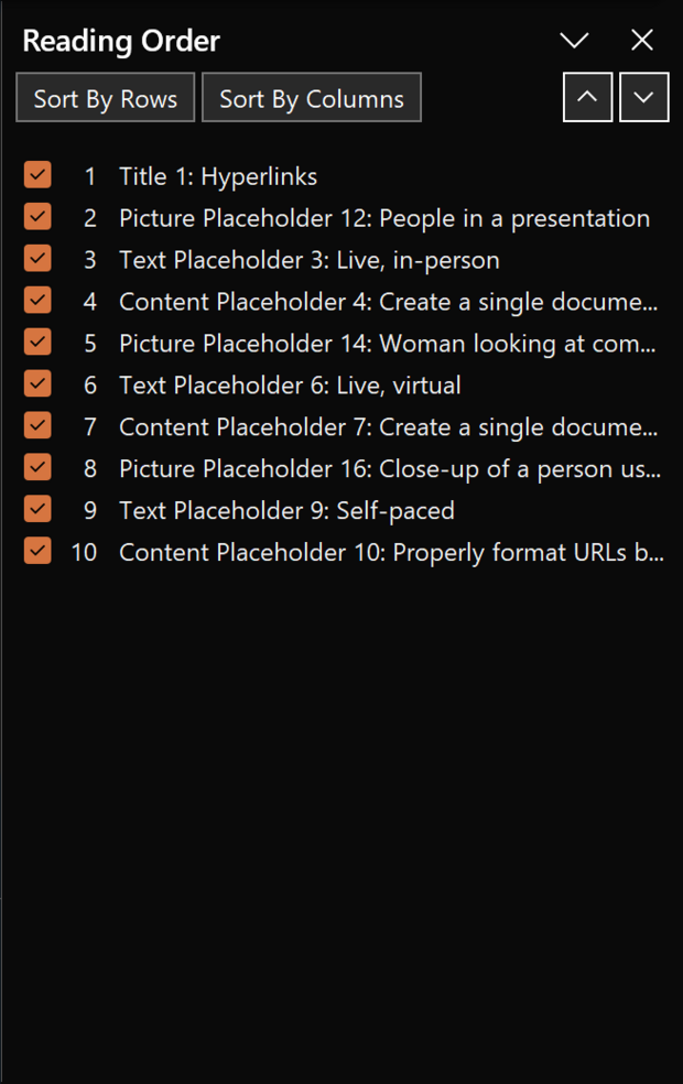 Screenshot of a full Reading Order pane in Microsoft PowerPoint.