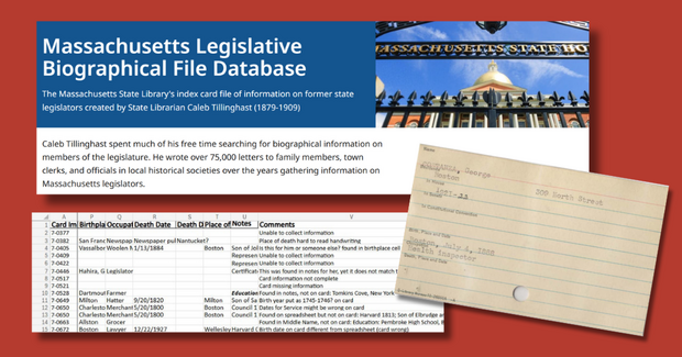 Screenshots of a spreadsheet containing Legislative Biographical File data and the homepage for the new online version of the Legislative Biographical File. Also pictured is one of the cards from the original physical database. 