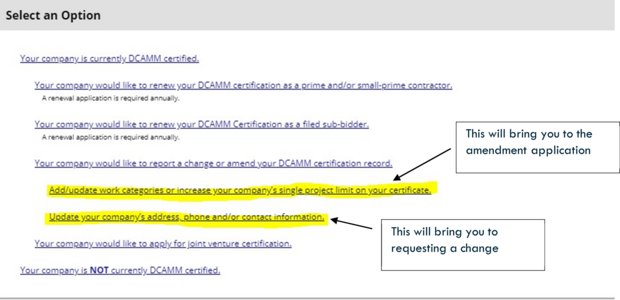 screenshot of the change and amendment option