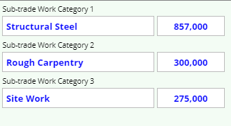screenshot of subtrades category of work