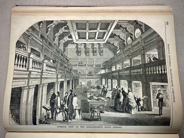 Illustration of the State Library's interior from Ballou’s Pictorial, May 31, 1856