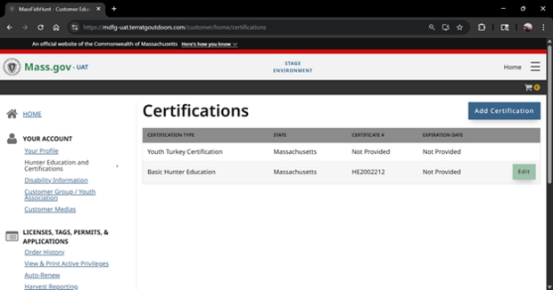 Screenshot of the Hunter Education and Certificates section of the Hunting Permits & Stamps dashboard for visual reference