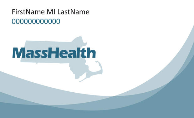 Sample MassHealth member ID card with placeholder name, ID number, and MassHealth logo.