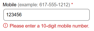 Screenshot of mobile number field with error message