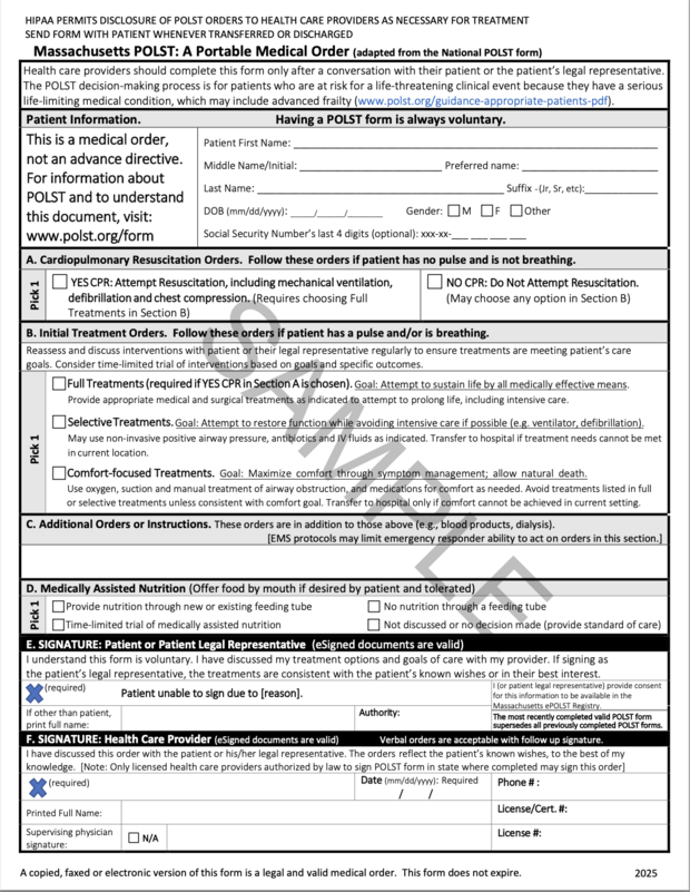 This is a SAMPLE image of the Massachusetts POLST form. 