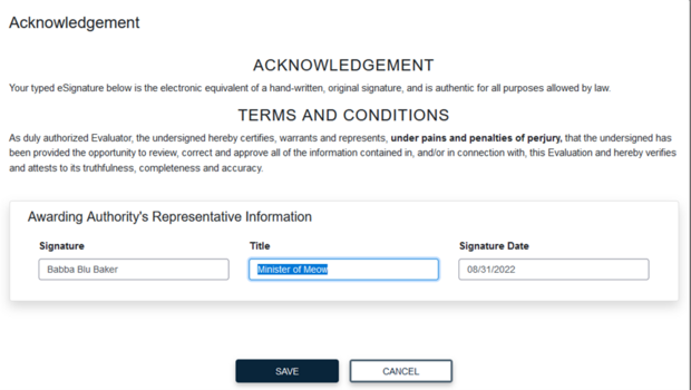 acknowledgement awarding authority signature screenshot