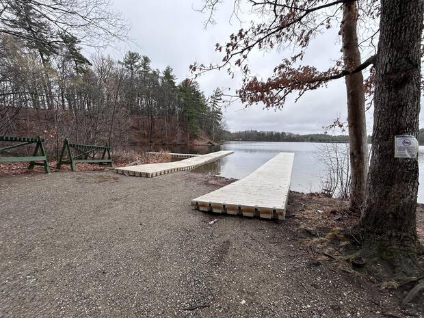 Gravel boat launch at the Wayland town beach with docks