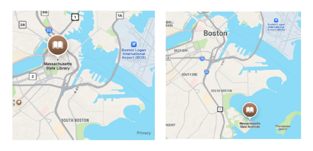 Maps showing the location of the State Library of Massachusetts and the Massachusetts State Archives