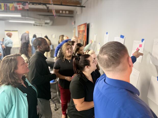 a group point to papers taped to the wall