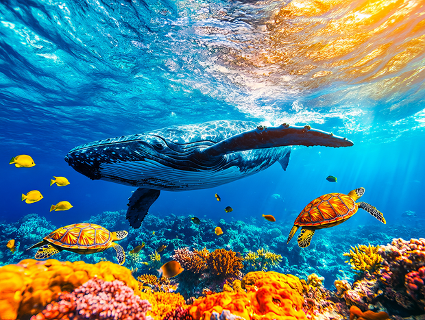 Humpback and sea turtle