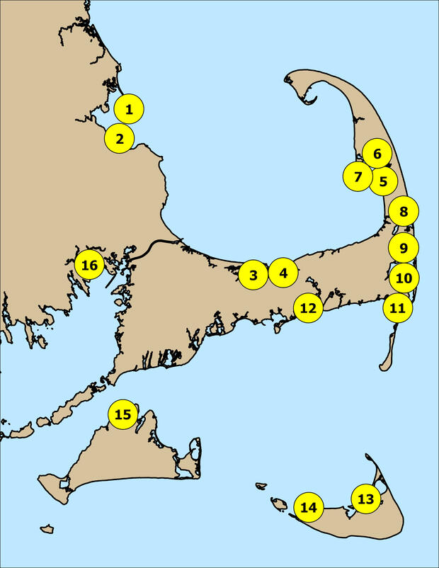 Map of Cape Cod and Islands shows surveys around coast. 