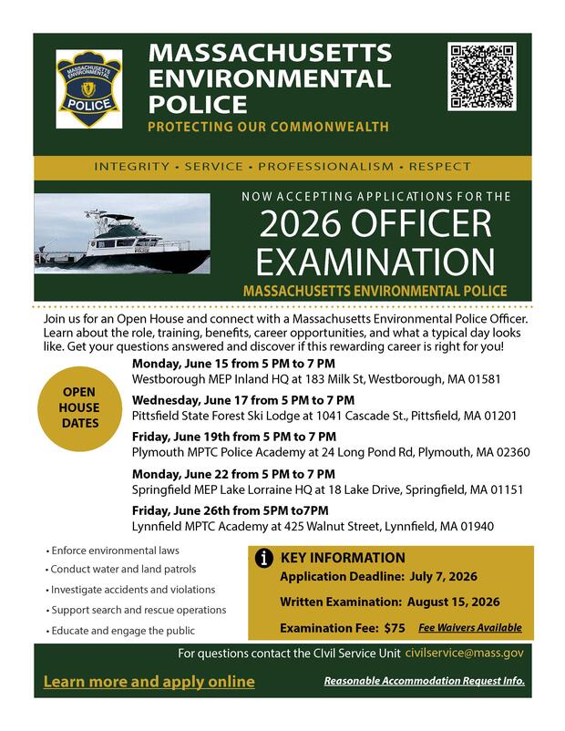 Environmental Police Open House Flyer with dates and locations and application information.