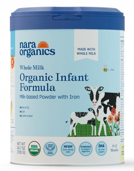 Nara Organics 700g Whole Milk Organic Infant Formula can with blue lid, cow illustration, and front label showing milk-based powder with iron.