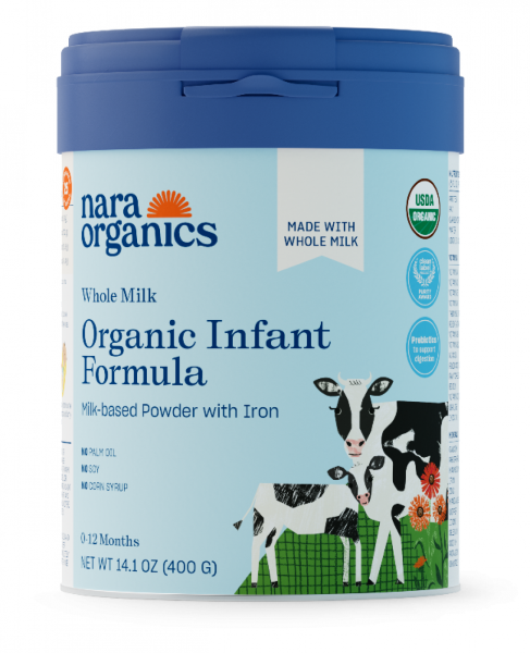 Nara Organics 400g Whole Milk Organic Infant Formula can with blue lid, cow illustration, and front label showing milk-based powder with iron.