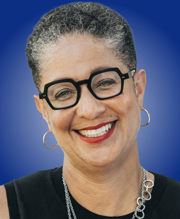 Commissioner Christina Brown headshot on MCAD blue background gradient