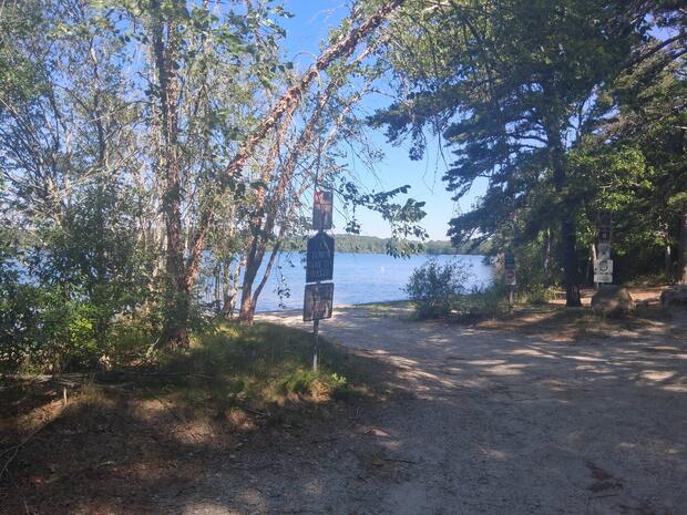 break in trees, shallow sloped gravel road ending at waters edge