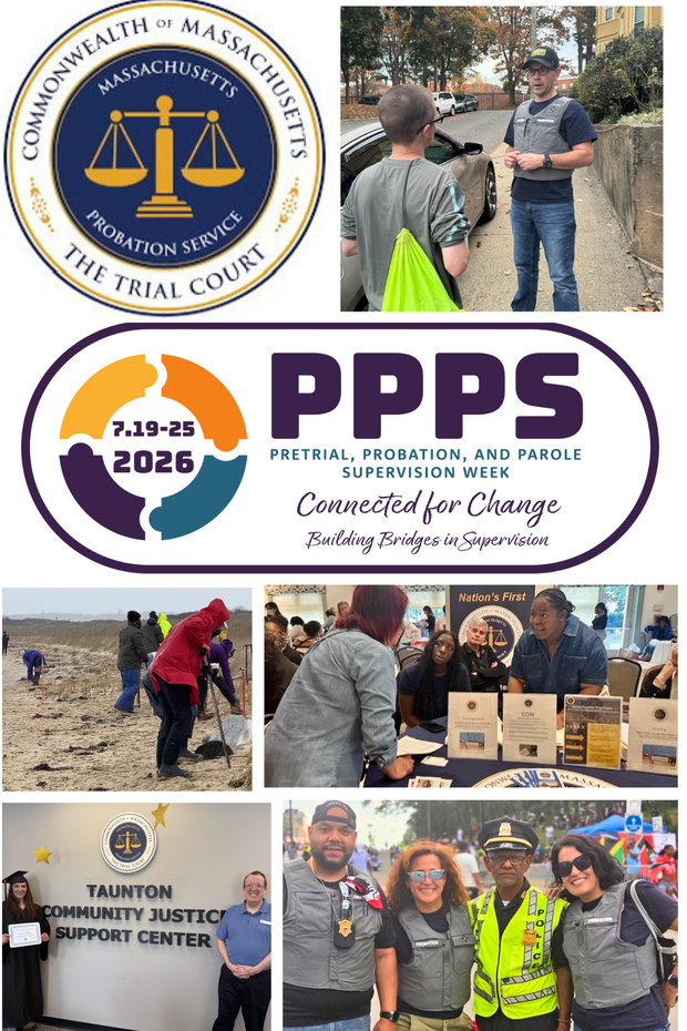 A collage of images celebrating "Pretrial, Probation, and Parole Supervision Week" and a logo with event details.