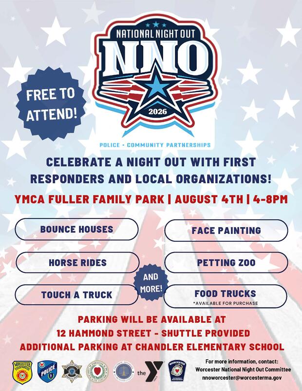 2026 National Night Out Worcester Flyer with National Night Out logo and event information