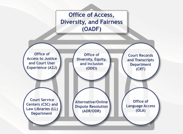Org chart showing the six offices that sit below the Office of Access, Diversity, and Fairness
