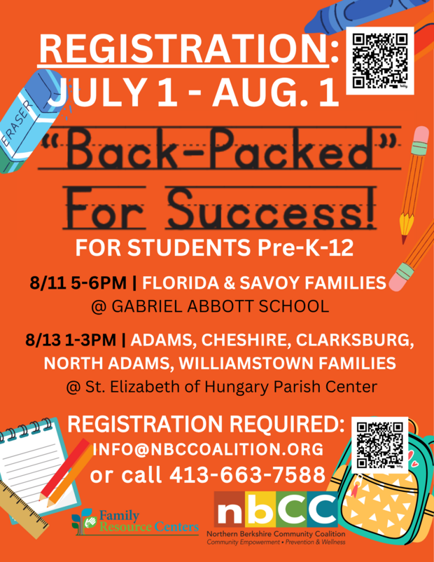 Colorful flyer for the “Back-Packed for Success!” event, featuring registration details, locations, and contact information.