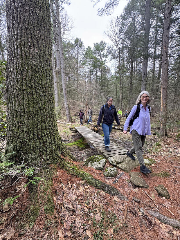 Older hikers cross a wooden boardwalk trail