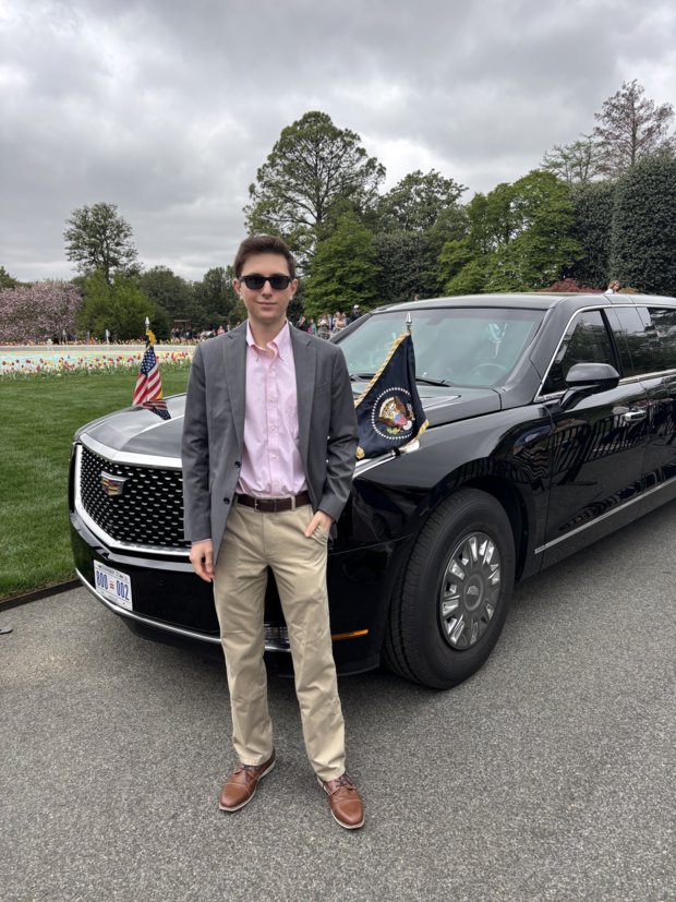 Eric Tarpinian-Jacyhm in front of the Presidential Motorcade- Cadillac One or "The Beast".