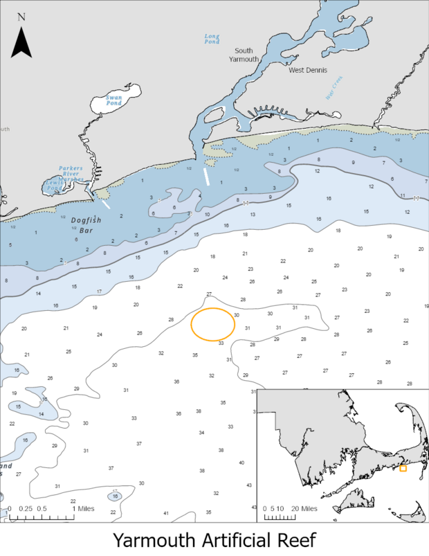 A map showing the location of the Yarmouth artificial reef.