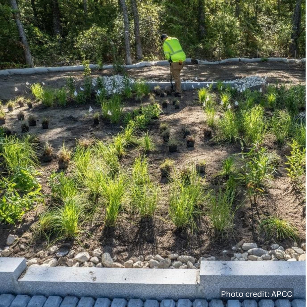 closeup of another bioretention area showing someone with a shovel digging holes for the plants