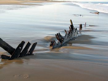 Old ship timbers are sometimes exposed at the beach. 