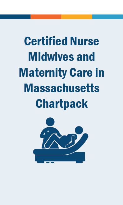 light blue square shows pregnant woman on bed with midwife standing over her, text reads: Certified Nurse Midwives and Maternity Care in Massachusetts Chartpack