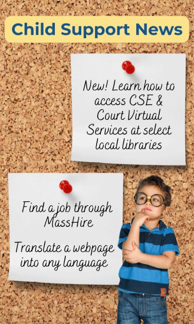 Child Support bulletin board with 2 posts and a child wearing glasses