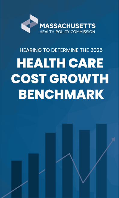 navy background, text reads HEARING TO DETERMINE THE 2025 THE HEALTH CARE COST GROWTH BENCHMARK. A blue bar graph with arrows is below the text.