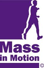 A purple outline of a person walking with the text "Mass in Motion"