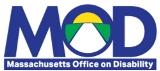 Blue letters saying MOD, with a sunrise in the center of the letter O. Under the letters it reads Massachusetts Office on Disability in white letters
