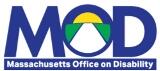 Blue letters saying MOD, with a sunrise in the center of the letter O. Under the letters it reads Massachusetts Office on Disability in white letters