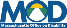 MOD Blue Logo, with a sunrise inside of the O. The words Massachusetts Office on Disability below.