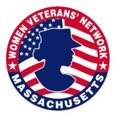 circle with flag background, silhouette of a female servicemember, with text Women veterans' Network Massachusetts
