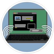 Illustration of a computer with sound waves emanating from the speakers