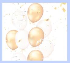 White and gold ballons with gold confetti surrounded by a blue border